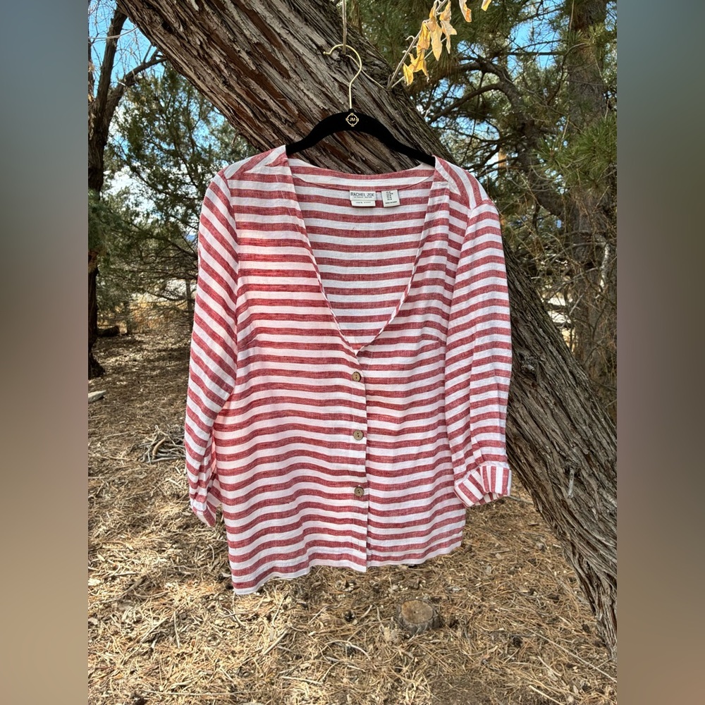 Rachel Zoe Red and White Striped Button-Down Shirt 100%linen‎ size M